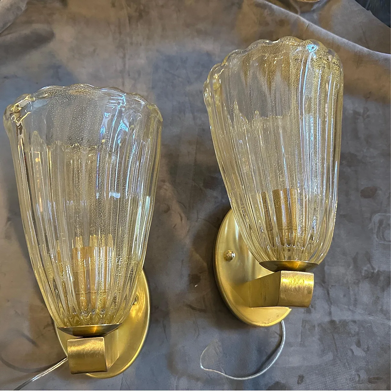 Pair of wall sconces by Barovier Murano glass and brass , 90s 2