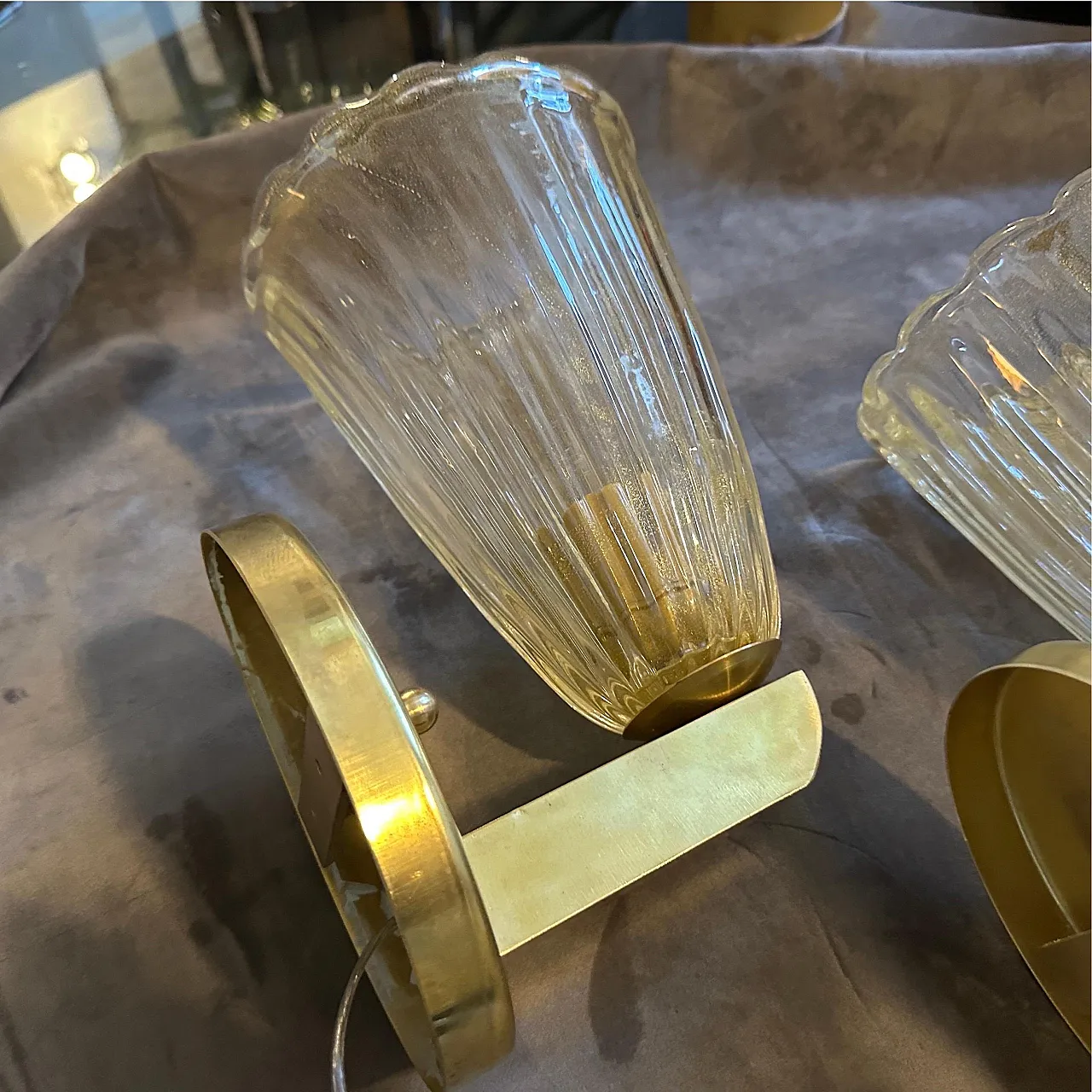 Coppia di applique in vetro di Murano e ottone stile Barovier, anni 90 4