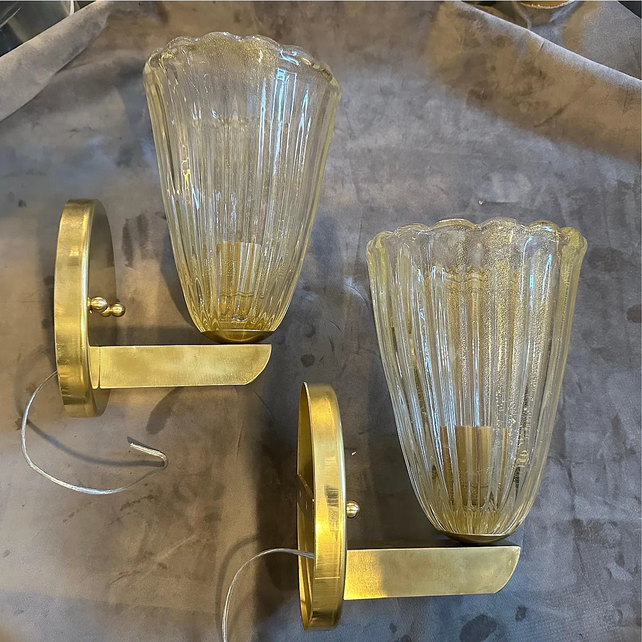 Coppia di applique in vetro di Murano e ottone stile Barovier, anni 90 6