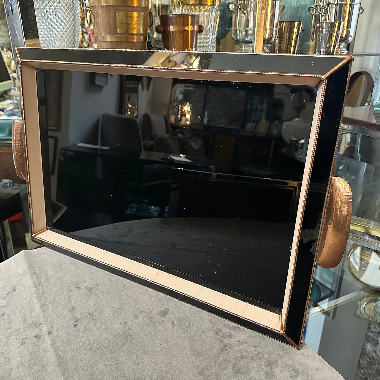 Rectangular serving tray in copper and glass, 1930s 2