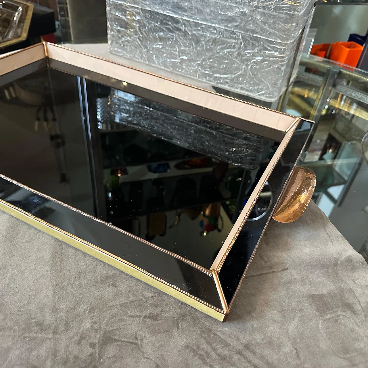 Rectangular serving tray in copper and glass, 1930s 3
