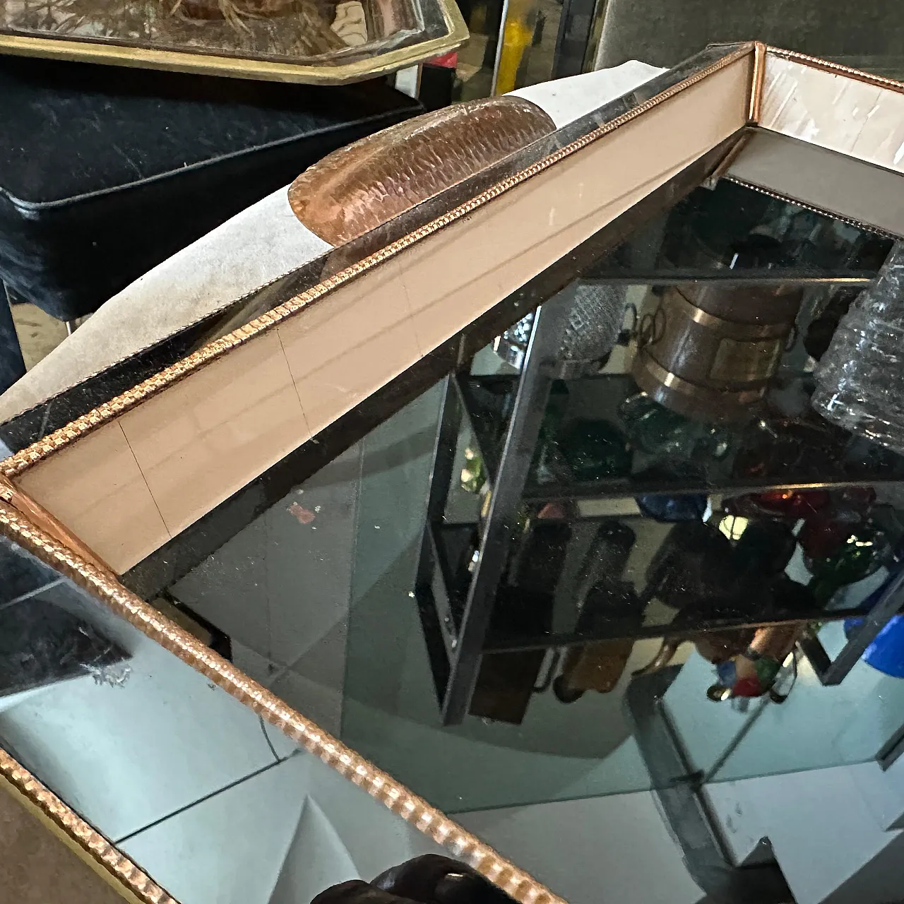 Rectangular serving tray in copper and glass, 1930s 10