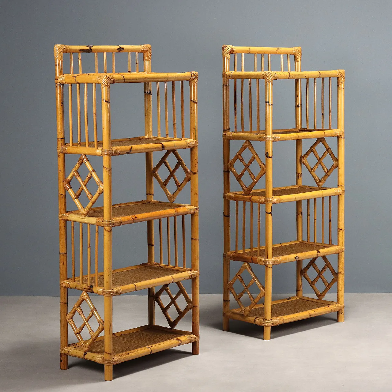 Pair of wicker and bamboo bookcases, 1980s 1
