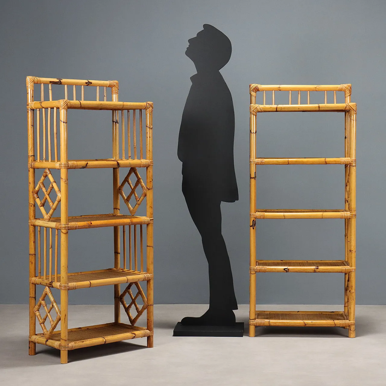 Pair of wicker and bamboo bookcases, 1980s 2