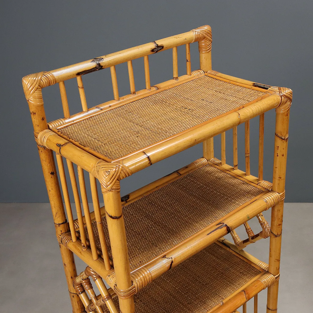 Pair of wicker and bamboo bookcases, 1980s 5
