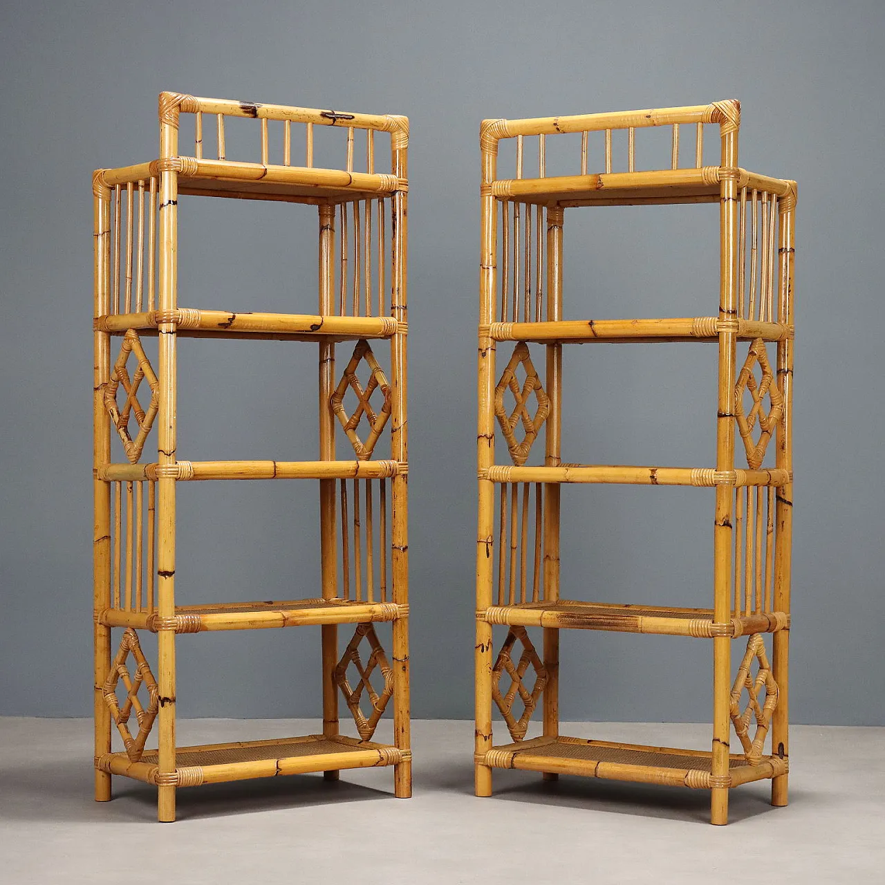 Pair of wicker and bamboo bookcases, 1980s 8