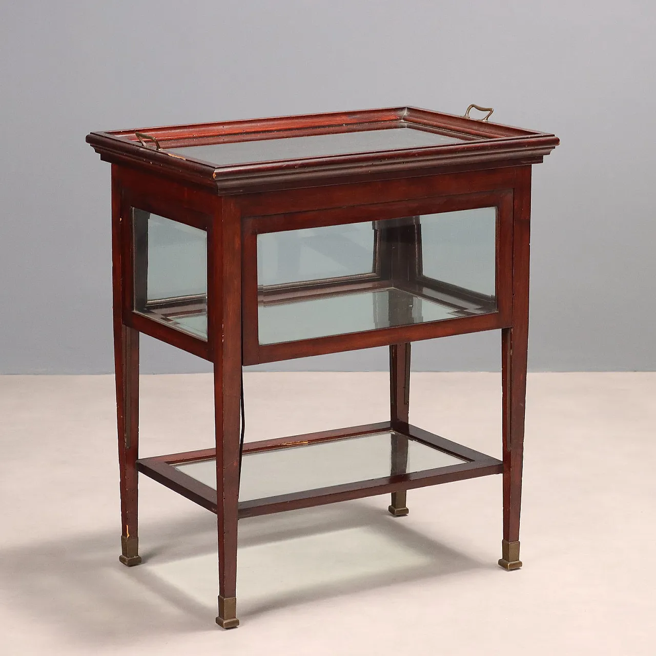 Art Nouveau table in mahogany, glass and brass, 19th century 1