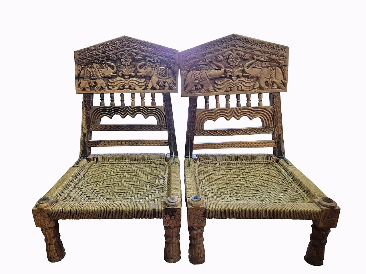 Pair of hand carved Indian chairs, 1920s 17