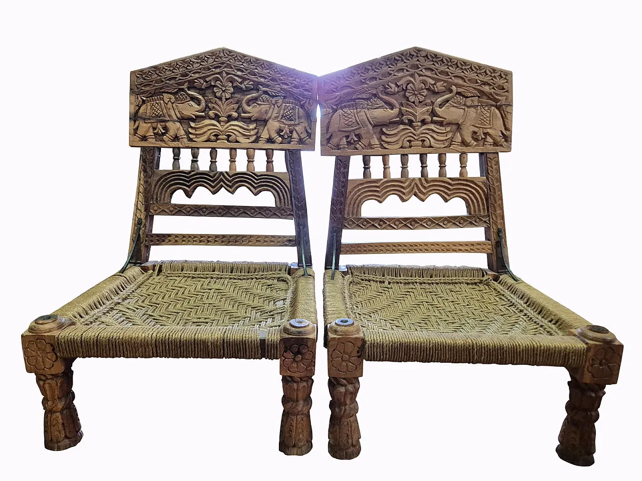 Pair of hand carved Indian chairs, 1920s 18