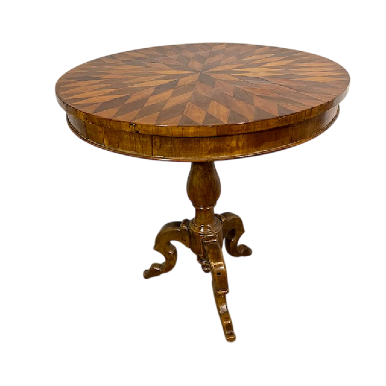 Tavolo tondo noce a Rolo piano intarsiato, primi '800 11