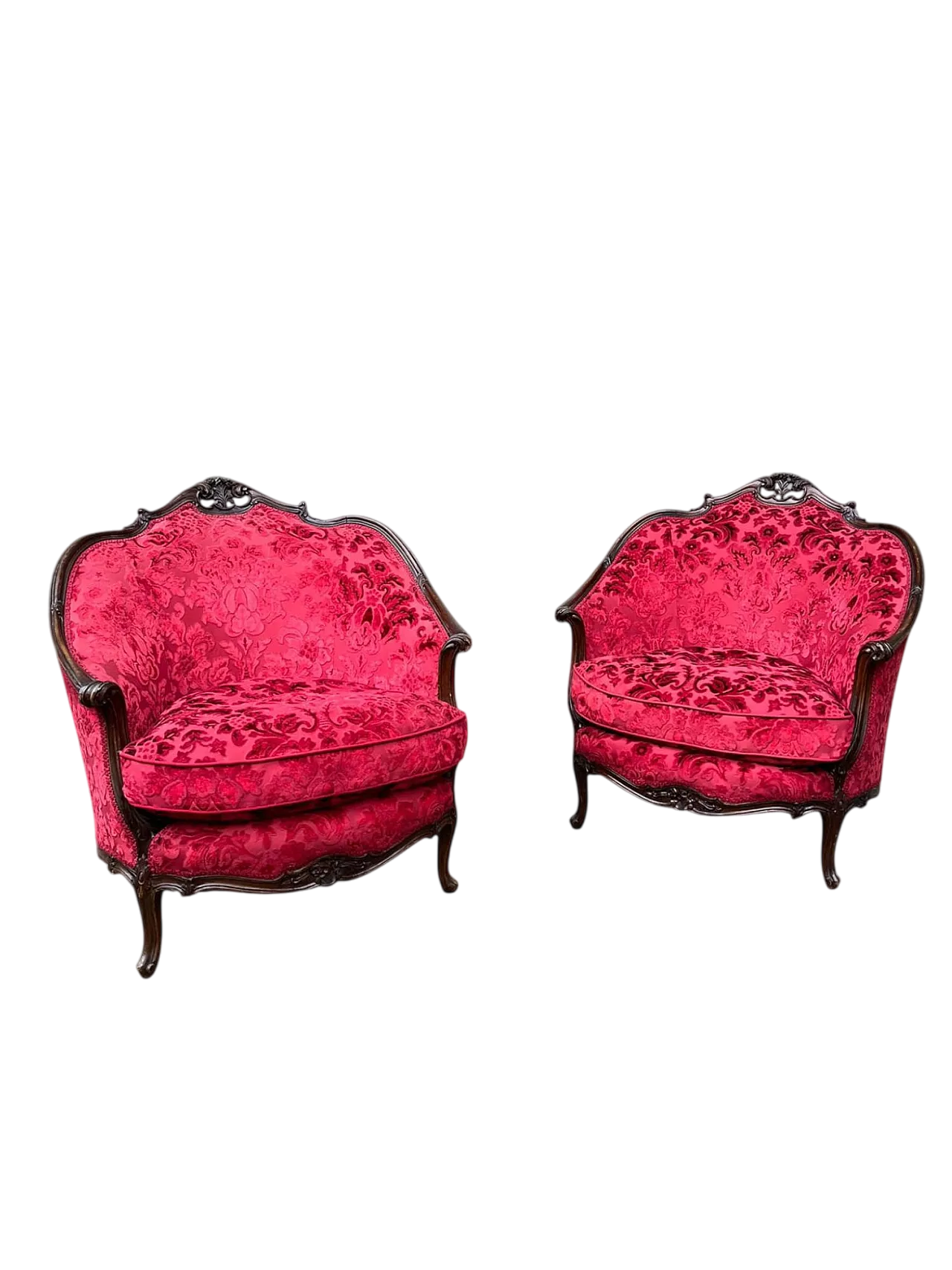 Pair of red armchairs red damask, 19th century 4