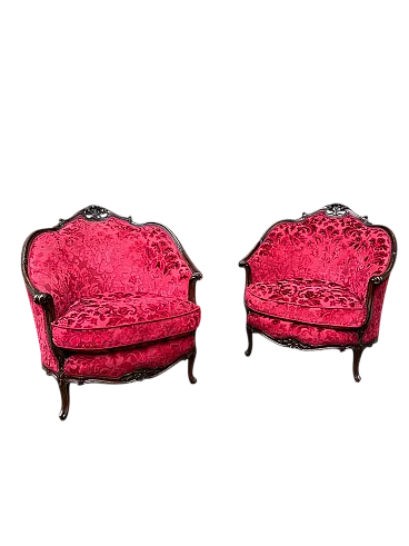 Pair of red armchairs red damask, 19th century