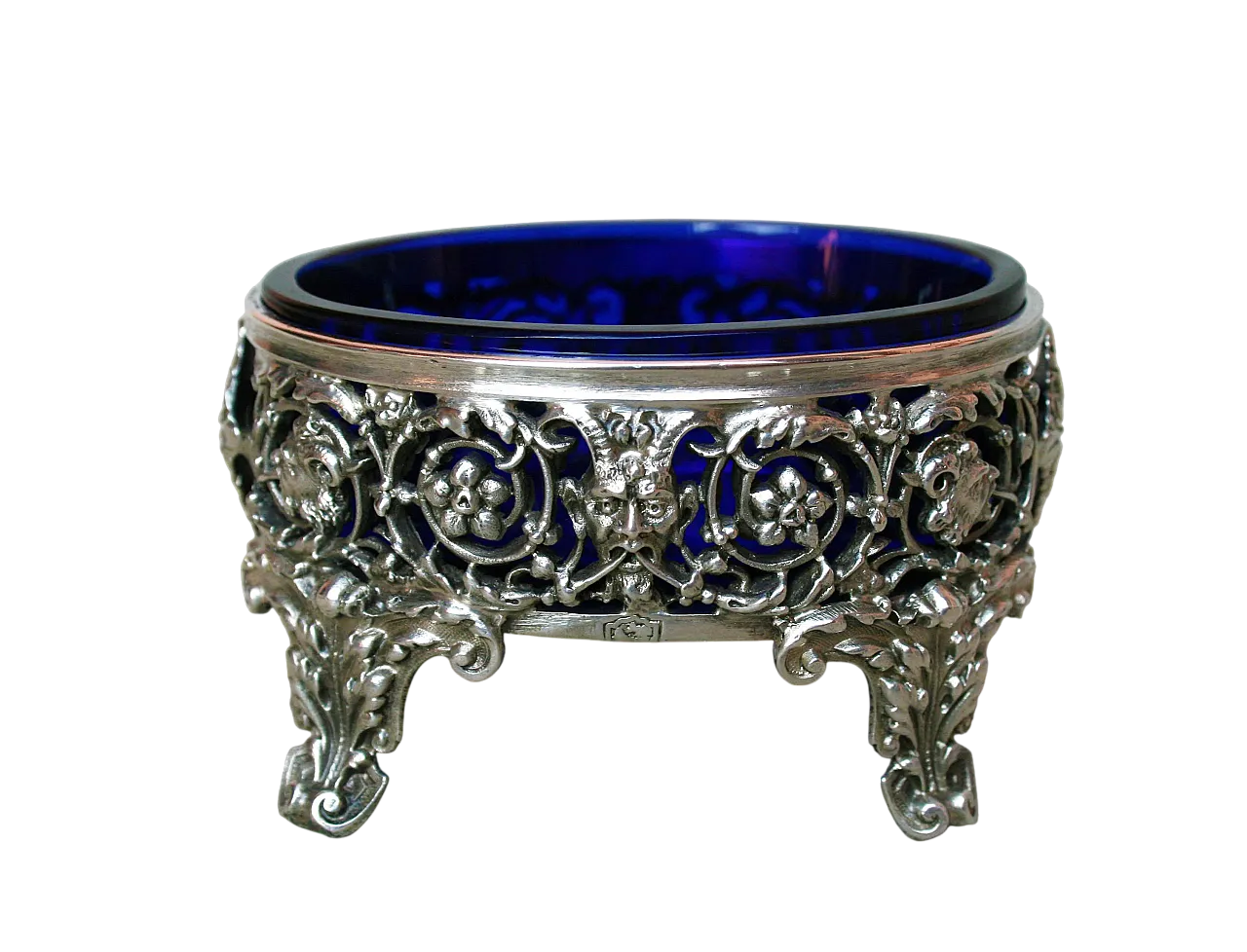 Saliera placcata in argento con inserto in vetro blu cobalto, '800 9