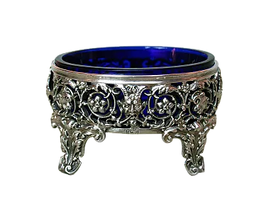 Saliera placcata in argento con inserto in vetro blu cobalto, '800