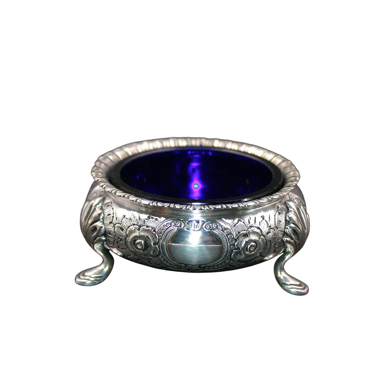 Saliera placcata in argento con inserto in vetro blu cobalto, '800 4