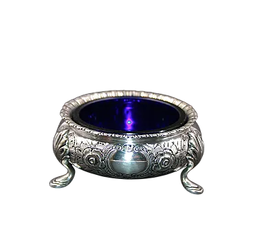 Saliera placcata in argento con inserto in vetro blu cobalto, '800