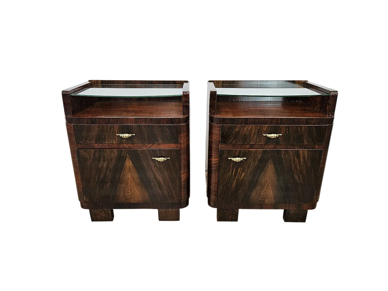 Bedside tables Art Decò in walnut root with glass top, 1940s 21