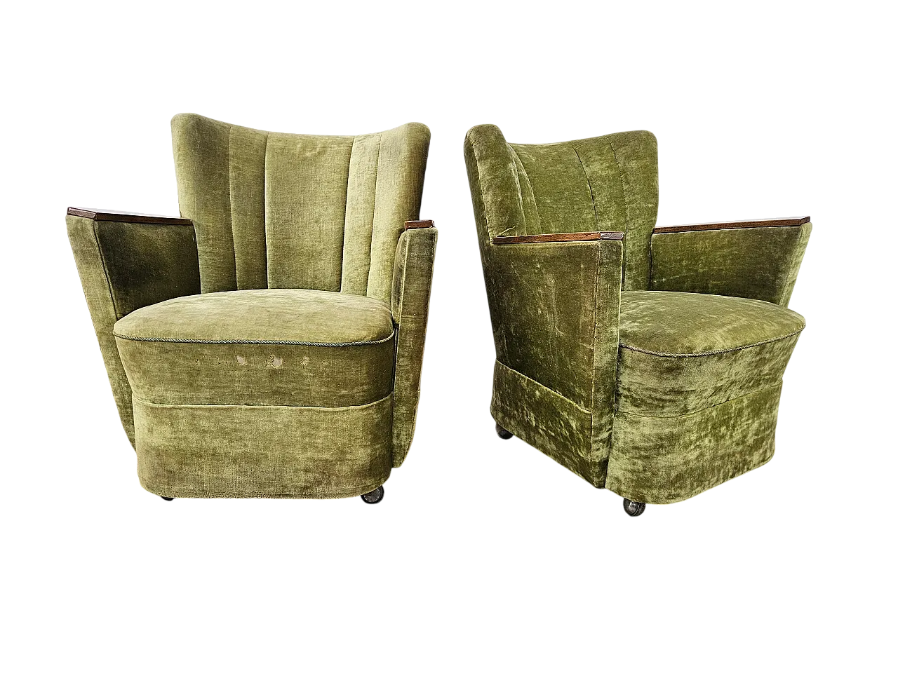 Due poltrone da cocktail anni '50 in stoffa verde con rotelle 19