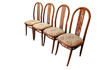 4 bentwood chairs by Ton with floral upholstery, 70s