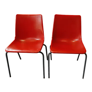 Pair of Red Plastic Chairs with Metal Frame