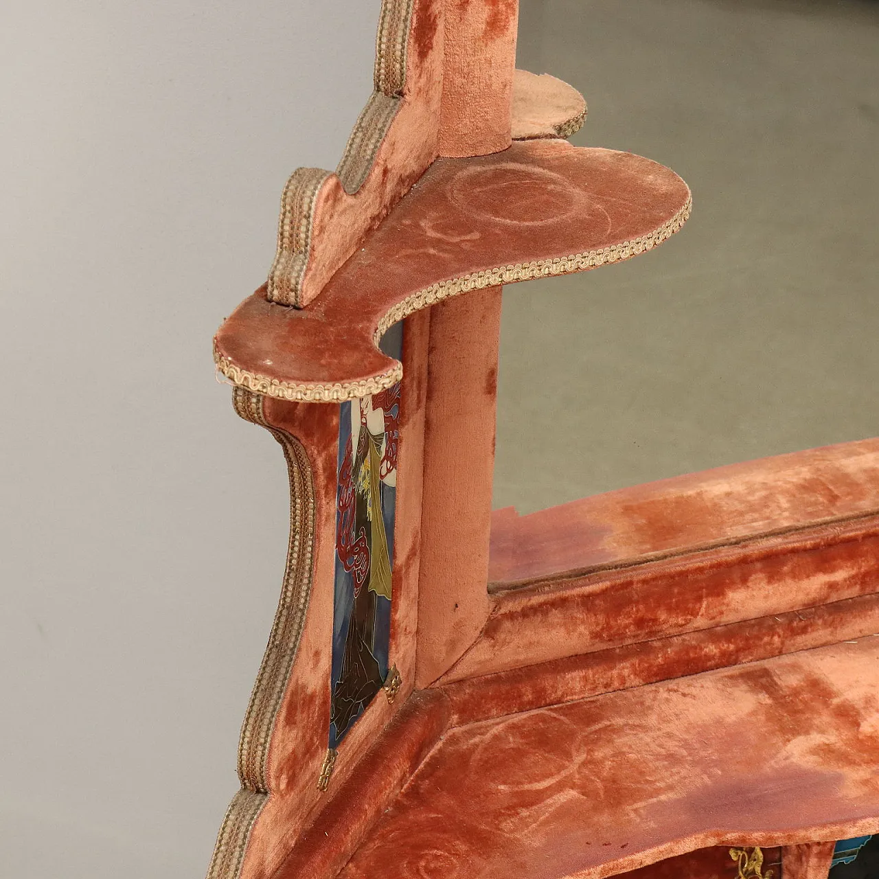 Art Nouveau wood and velvet corner sofa with mirror and shelf, early 20th century 5