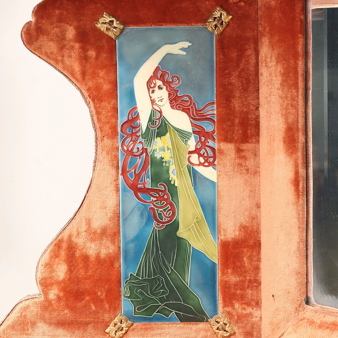 Art Nouveau wood and velvet corner sofa with mirror and shelf, early 20th century 6