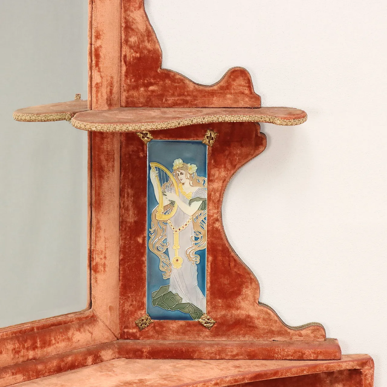 Art Nouveau wood and velvet corner sofa with mirror and shelf, early 20th century 7