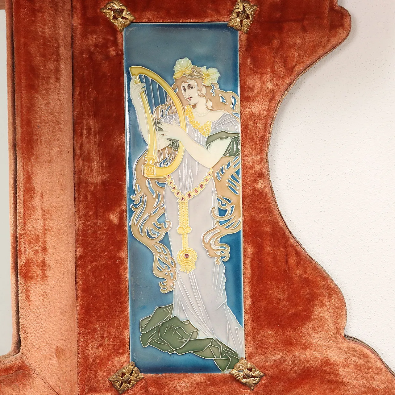 Art Nouveau wood and velvet corner sofa with mirror and shelf, early 20th century 8