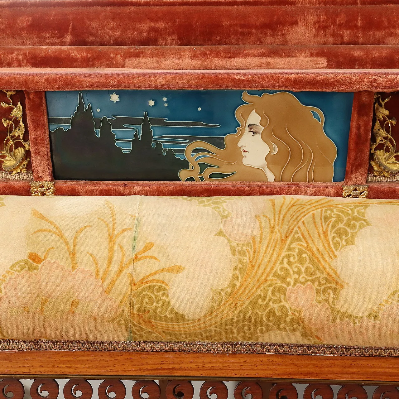 Art Nouveau wood and velvet corner sofa with mirror and shelf, early 20th century 9