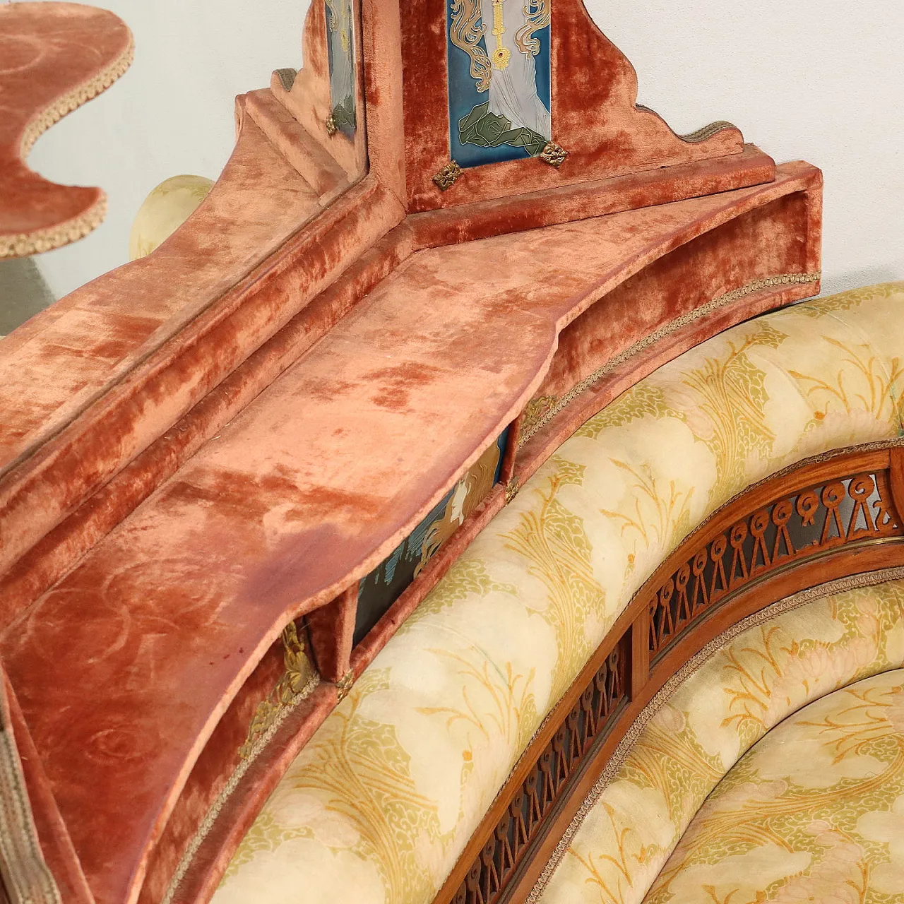 Art Nouveau wood and velvet corner sofa with mirror and shelf, early 20th century 10