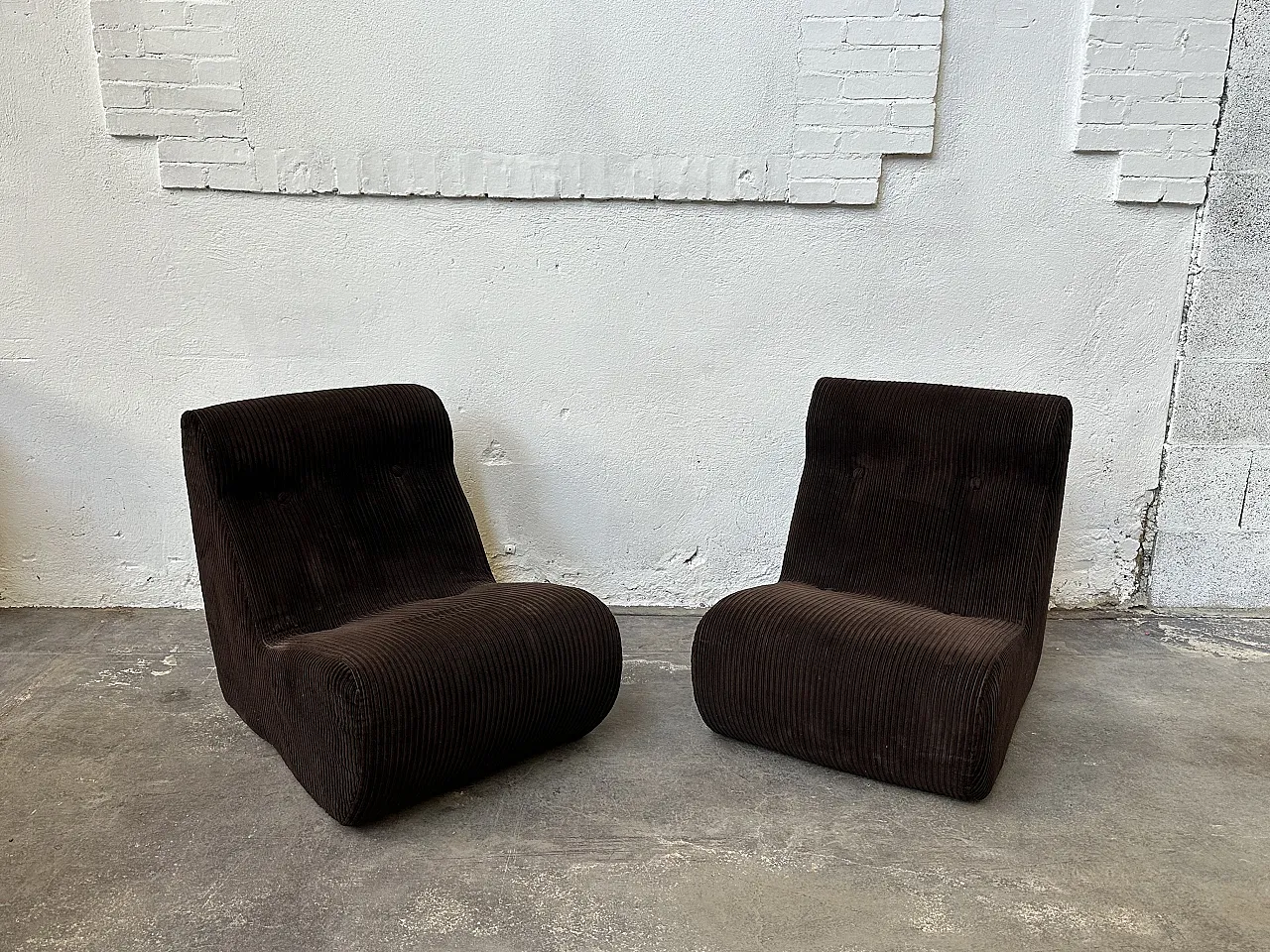 Pair of Dark Brown Corduroy Chair, Removable Cover, 70s 1