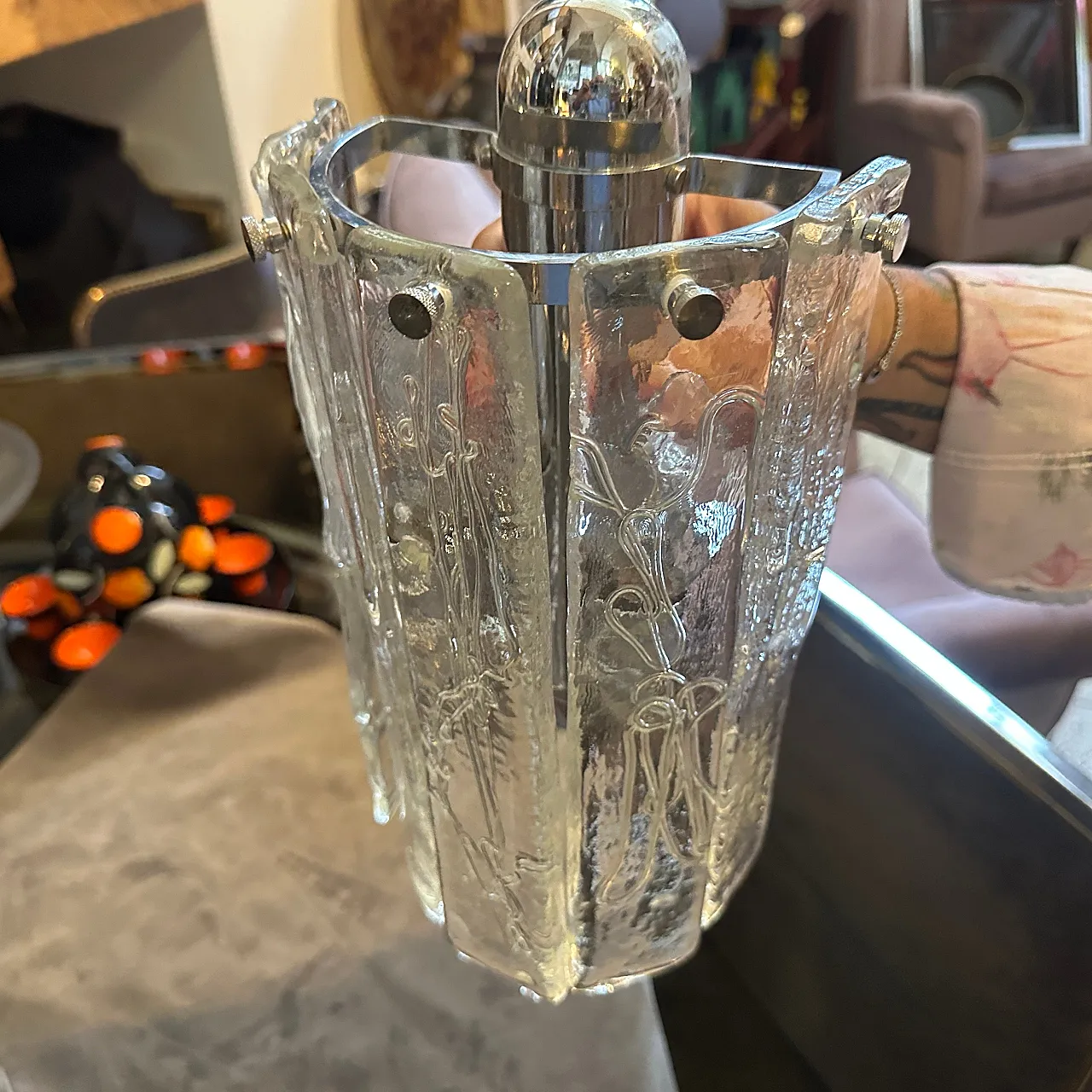Coppia di applique in vetro di Murano e acciaio di La murrina, anni 70 2