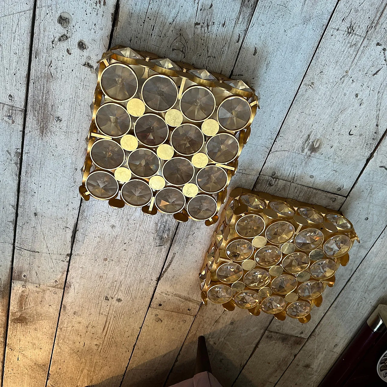 Pair of square appliques in brass and glass, mid-20th century 6