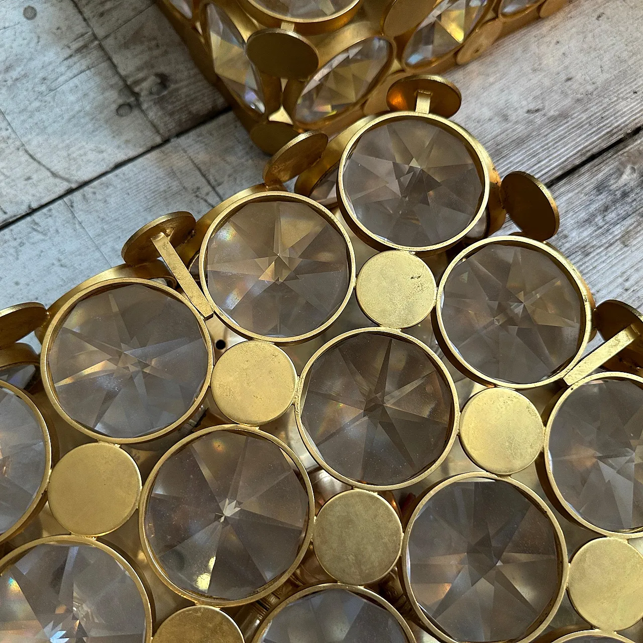 Pair of square appliques in brass and glass, mid-20th century 7