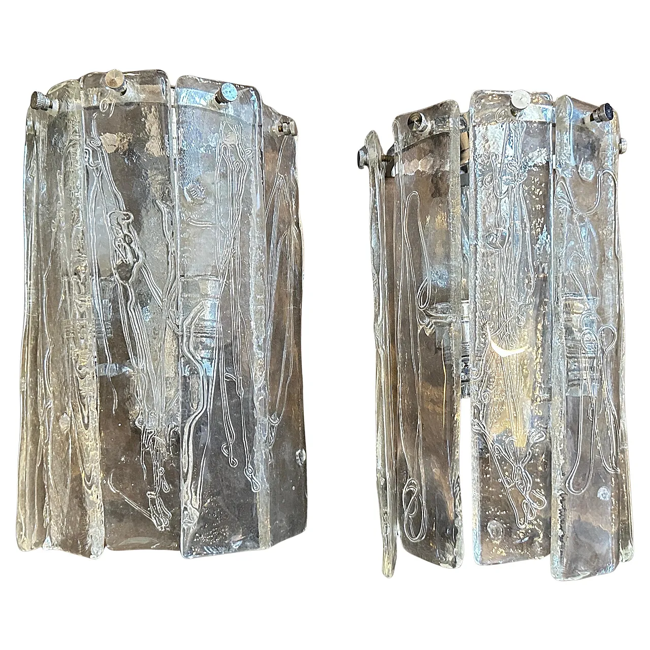 Coppia di applique in vetro di Murano e acciaio La murrina, anni '70 1