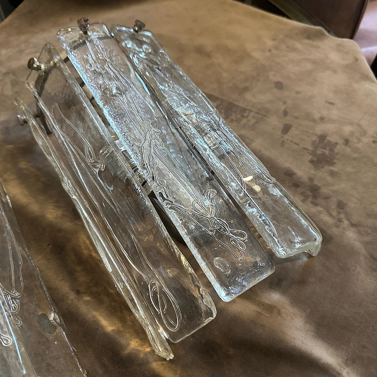 Coppia di applique in vetro di Murano e acciaio La murrina, anni '70 4