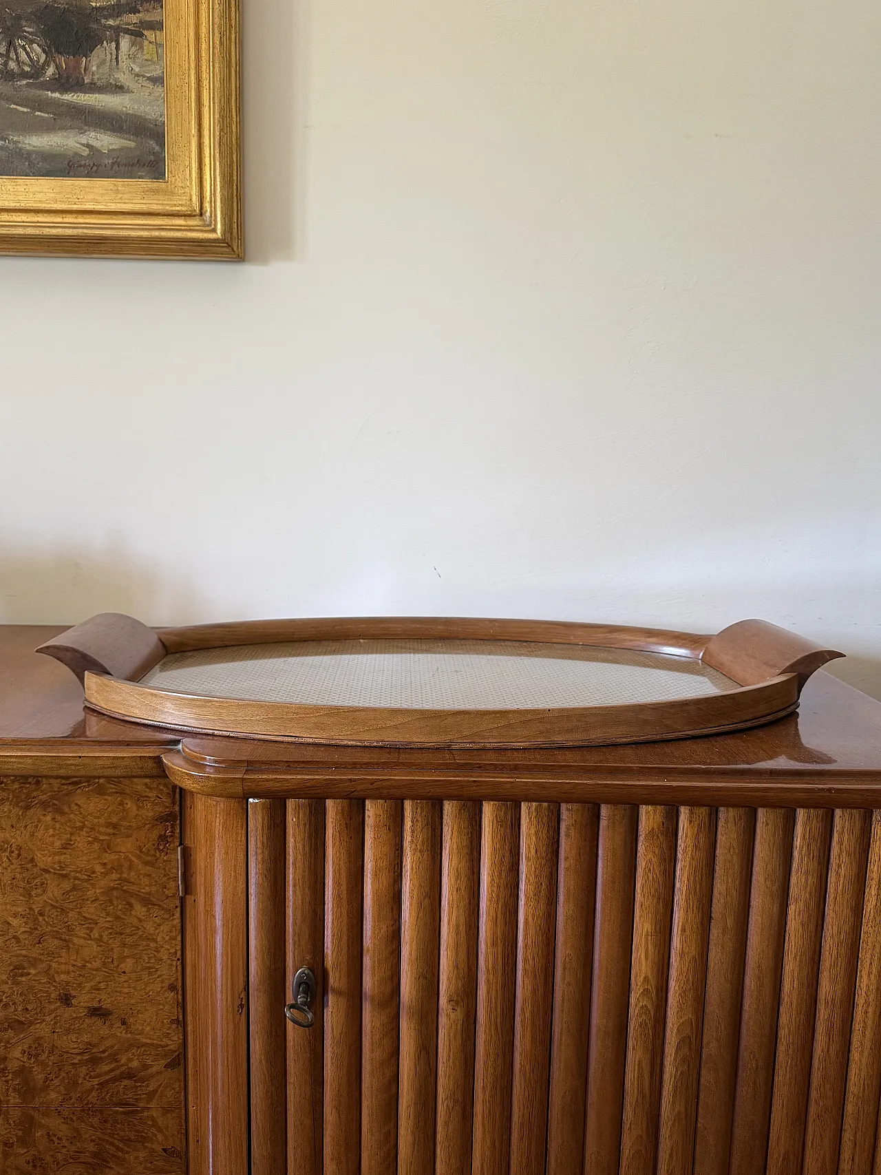 Wooden, brass and glass midcentry tray, Italy 1950 2