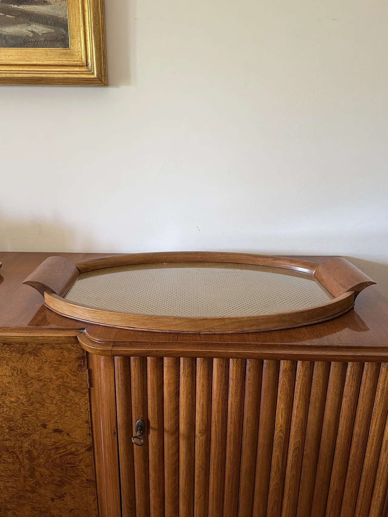 Wooden, brass and glass midcentry tray, Italy 1950 3
