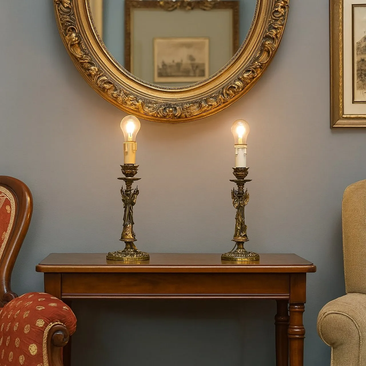 Coppia di candelieri in bronzo brunito e dorato, '900 2