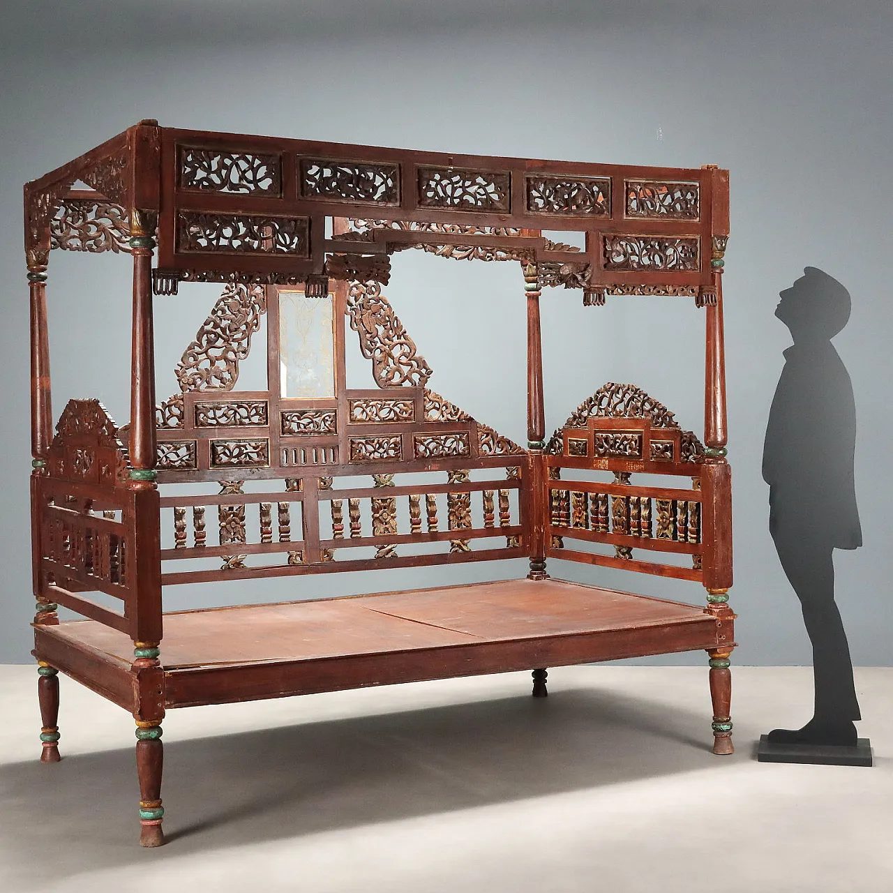 Letto a baldacchino in legno esotico, inizio '900 2