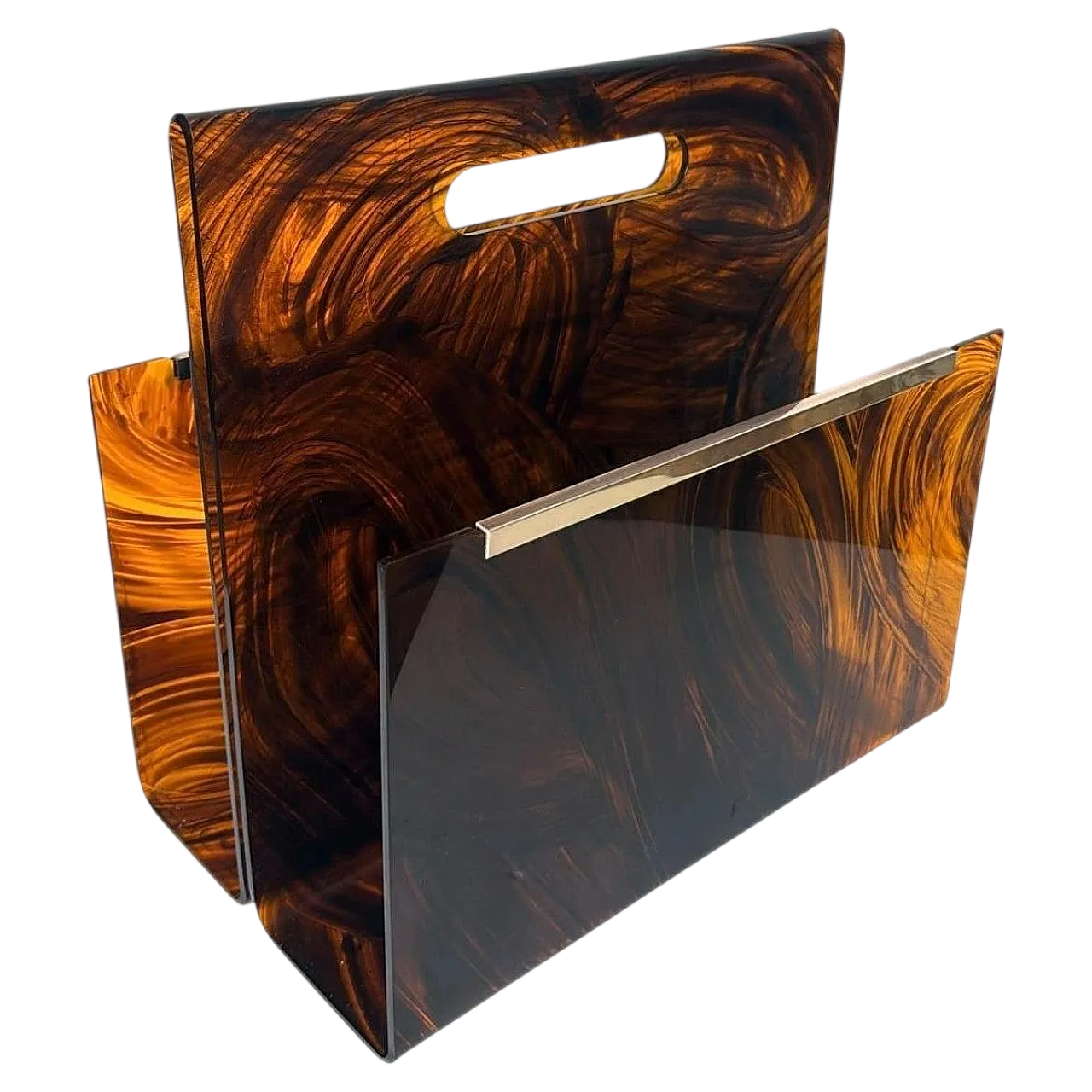 Magazine rack in brass and tortoiseshell plexiglass by W. Rizzo, 1980s 21