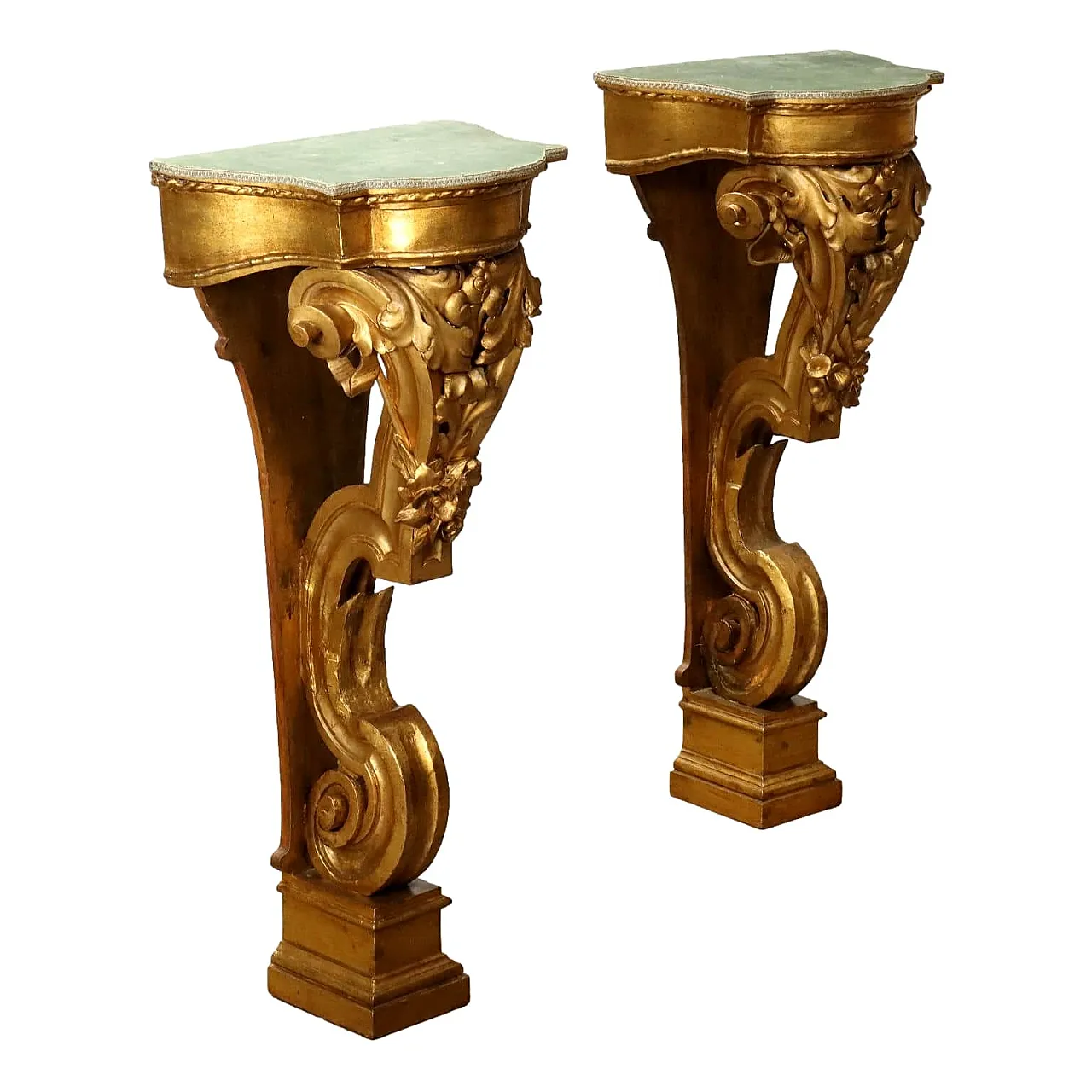 Coppia di Mensole in velluto e pioppo intagliato e dorato, '800 1