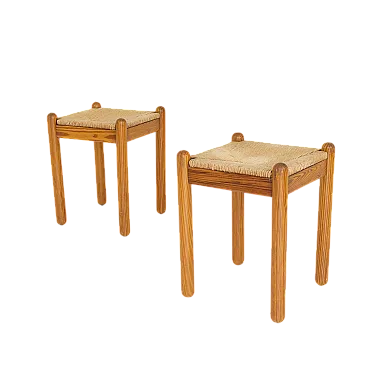Coppia di sgabelli in larice e corda, anni '70