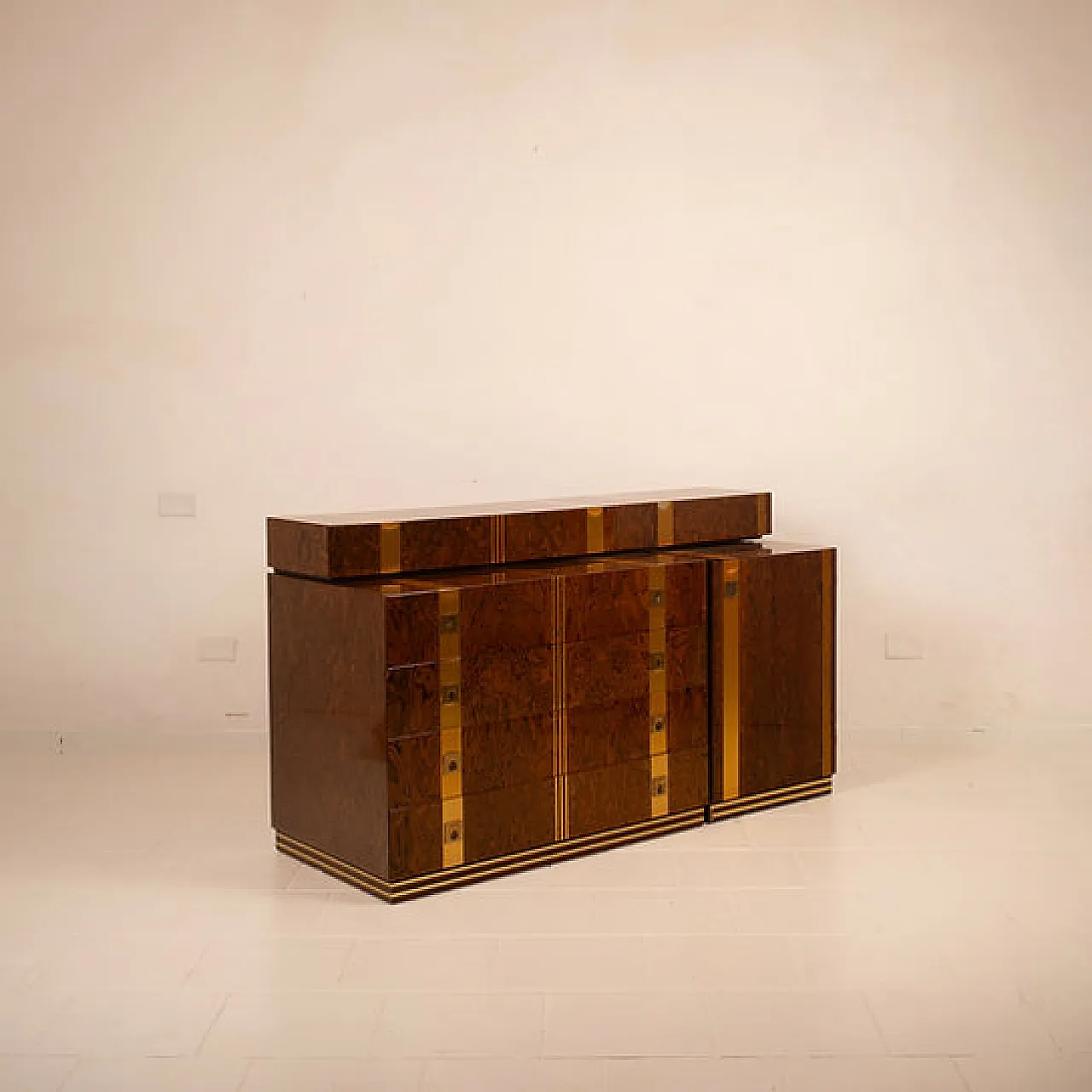 Cassettiera Poggioli in radica e ottone, anni '70 1