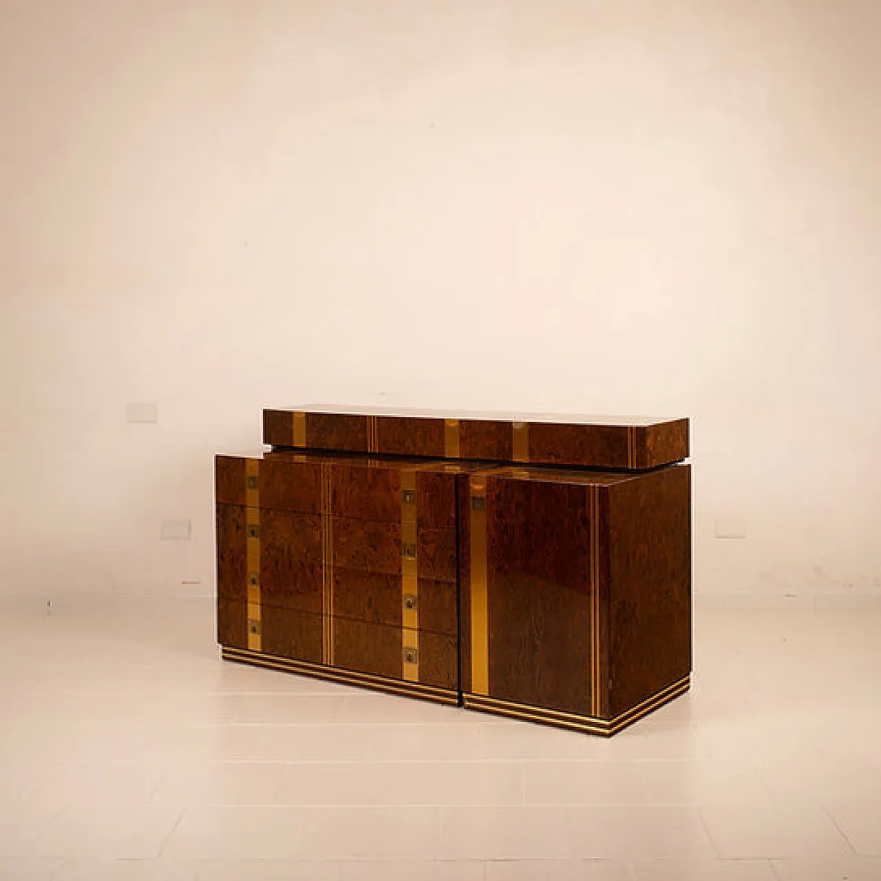 Cassettiera Poggioli in radica e ottone, anni '70 3