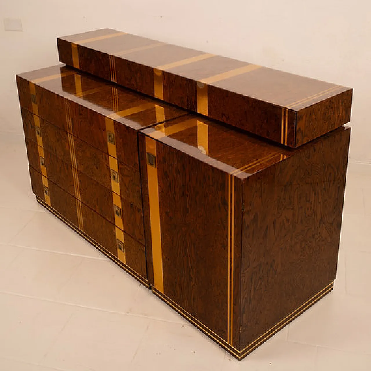 Cassettiera Poggioli in radica e ottone, anni '70 4