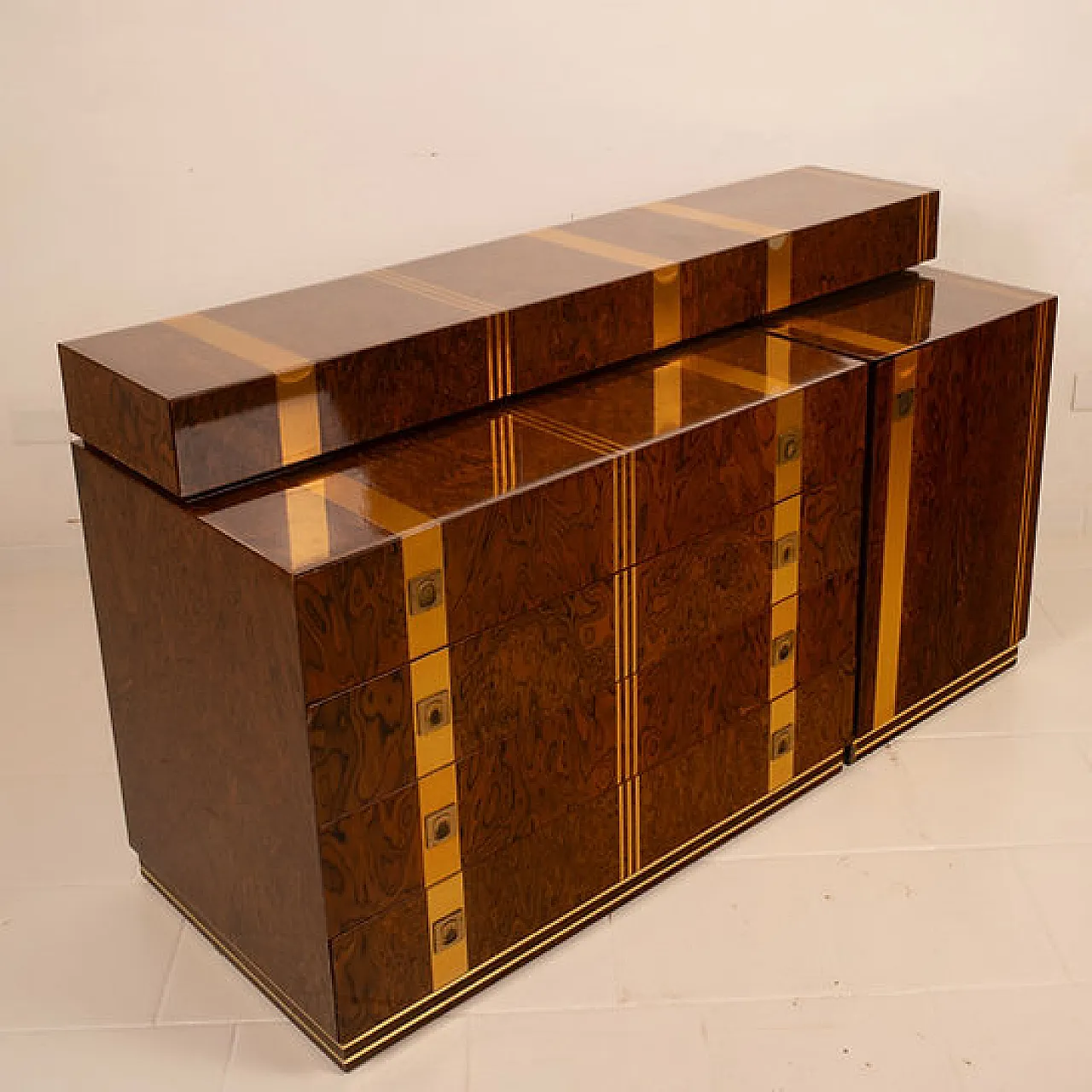 Cassettiera Poggioli in radica e ottone, anni '70 7