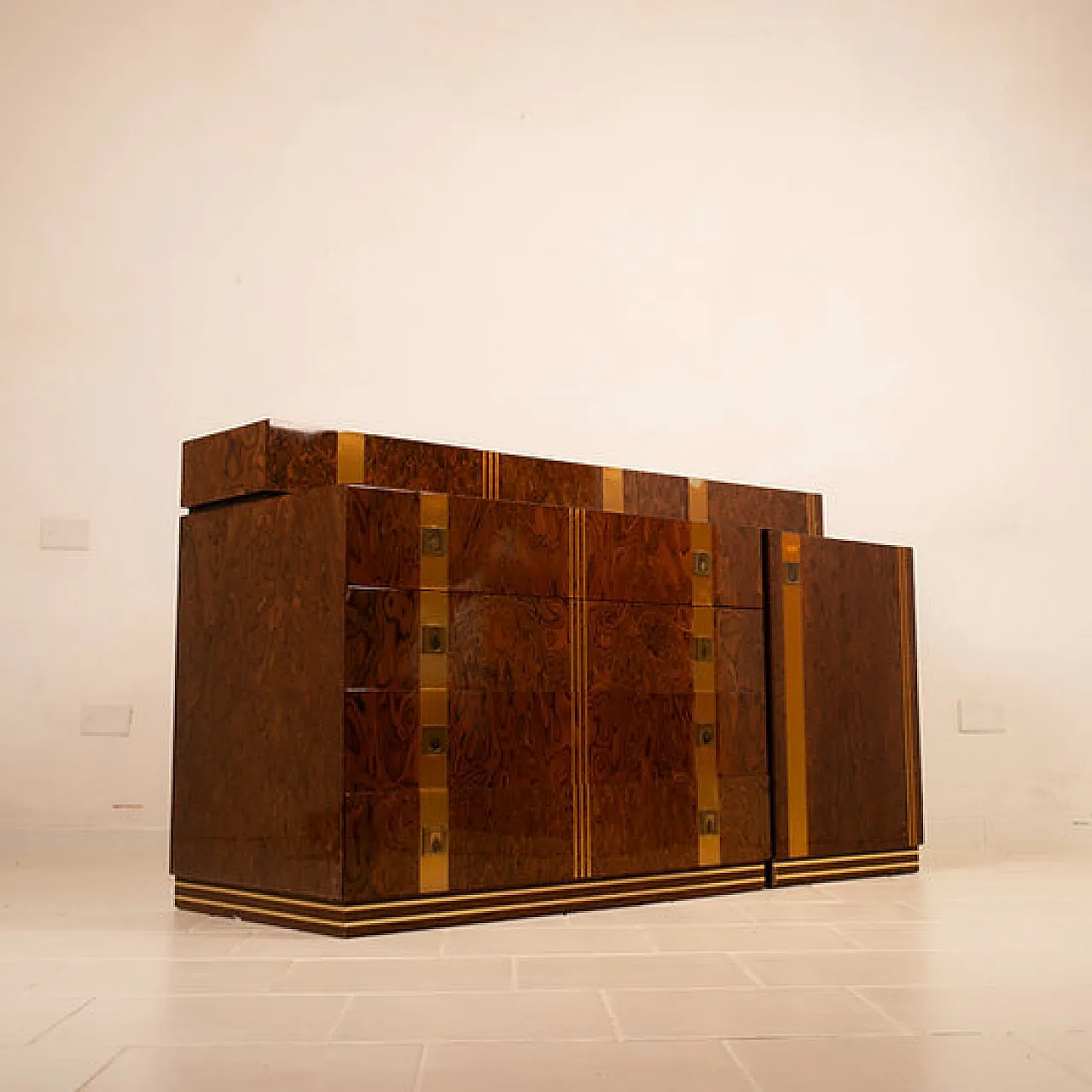 Cassettiera Poggioli in radica e ottone, anni '70 8