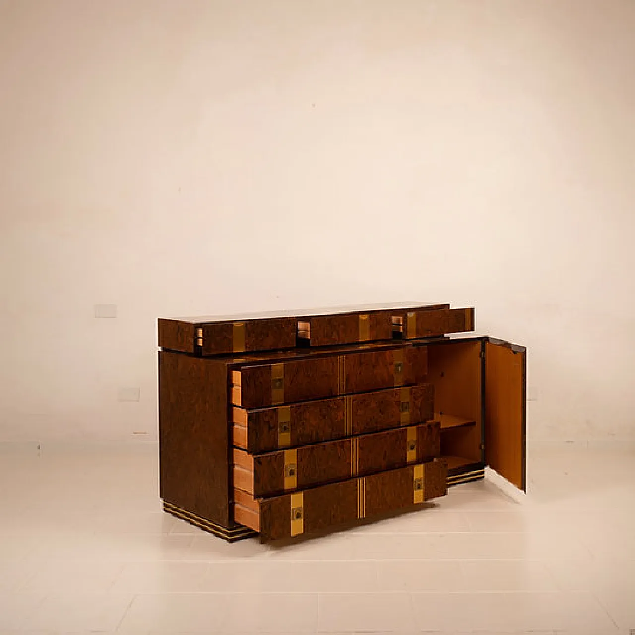 Cassettiera Poggioli in radica e ottone, anni '70 9