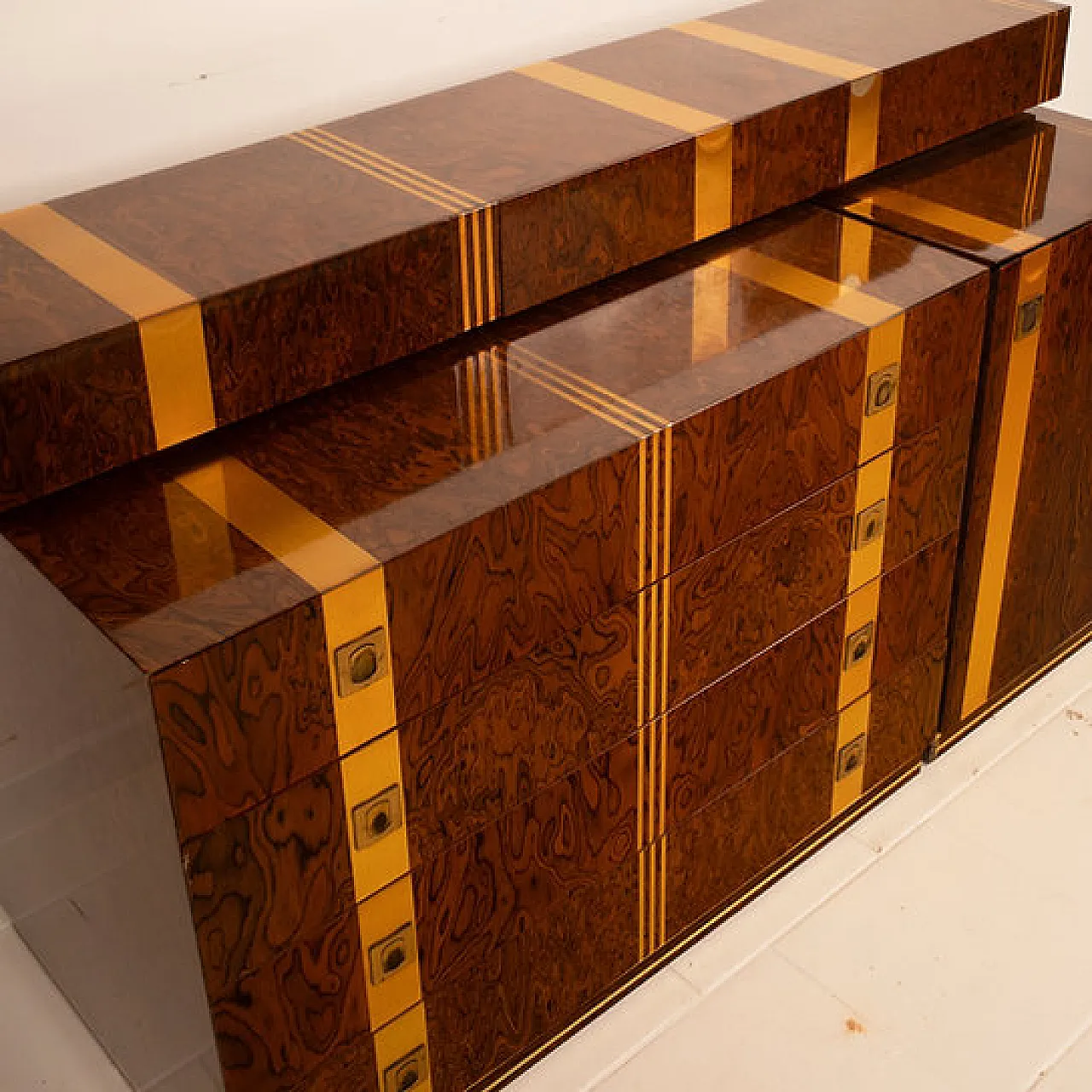 Cassettiera Poggioli in radica e ottone, anni '70 13